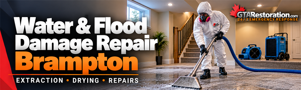 Water damage repair in Brampton banner showing a technician extracting water from a wet basement carpet.