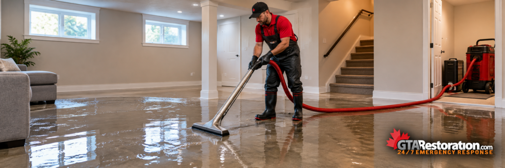 Technician extracting standing water from a flooded basement