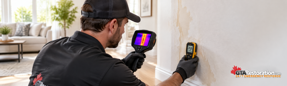 Water leak detection technician using thermal imaging and a moisture meter on a damp wall
