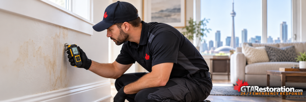 ALT: Water Leak Detection Toronto technician using a moisture meter to inspect hidden water damage