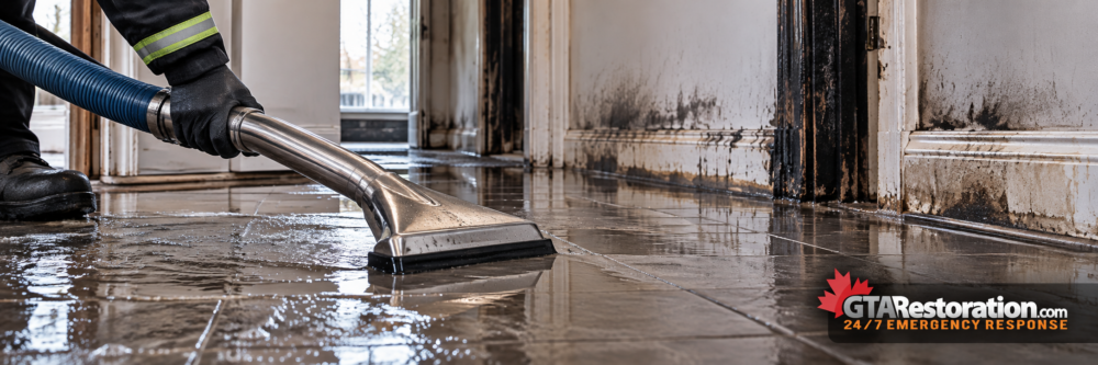 Water Removal After Firefighting Extraction wand removing water from a tiled floor beside soot-stained walls