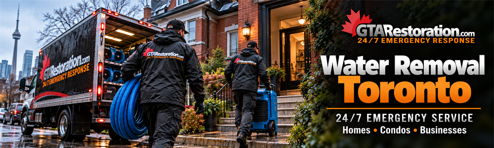 Water-damaged flooring lifted and buckled, with the GTA Restoration logo GTA Restoration crew carrying a blue hose and moving drying equipment toward a brick home.