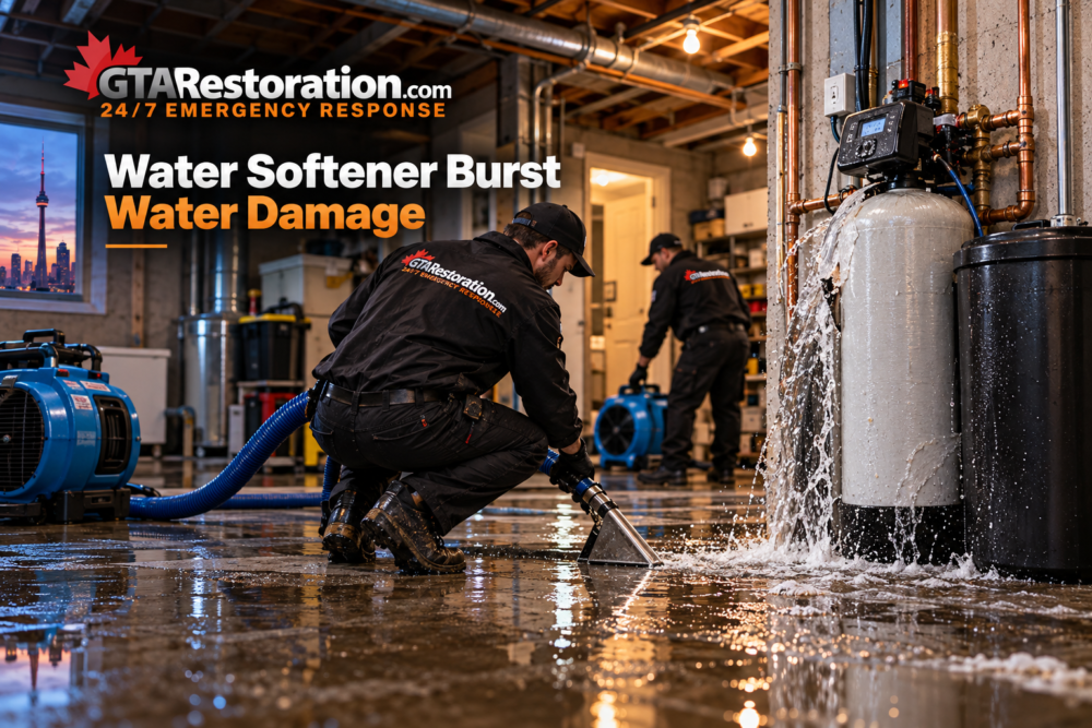 Water extraction and drying work after a burst water softener floods a basement. Water softener burst causing basement flooding as GTA Restoration technicians extract standing water