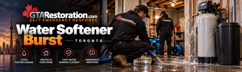 Water extraction and drying work after a burst water softener floods a basement., Water softener burst causing basement flooding as GTA Restoration technicians extract standing water, Water softener burst causing water damage in a basement