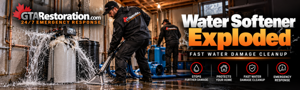 Fast water removal following a sudden water softener tank failure. Burst water softener spraying water while restoration workers remove basement floodwater