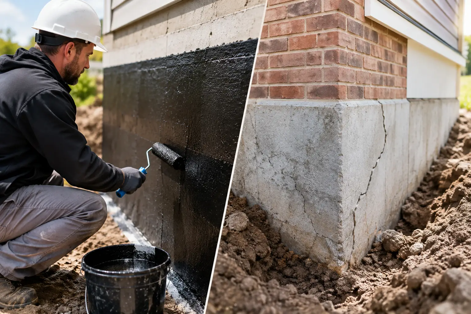 Exterior waterproofing on a foundation wall beside an open trench