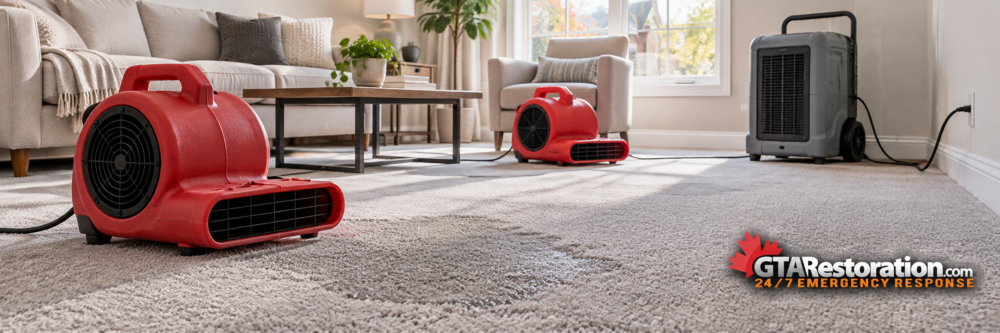 Two red air movers and a dehumidifier positioned to dry a damp carpet