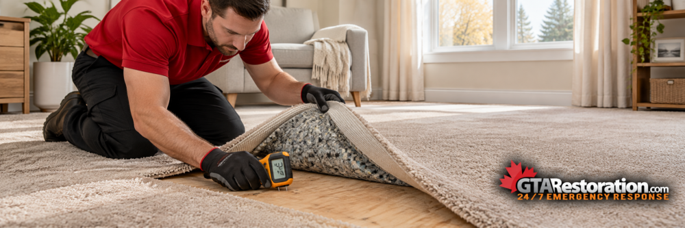Technician lifting carpet and underlay to check the plywood subfloor with a moisture meter
