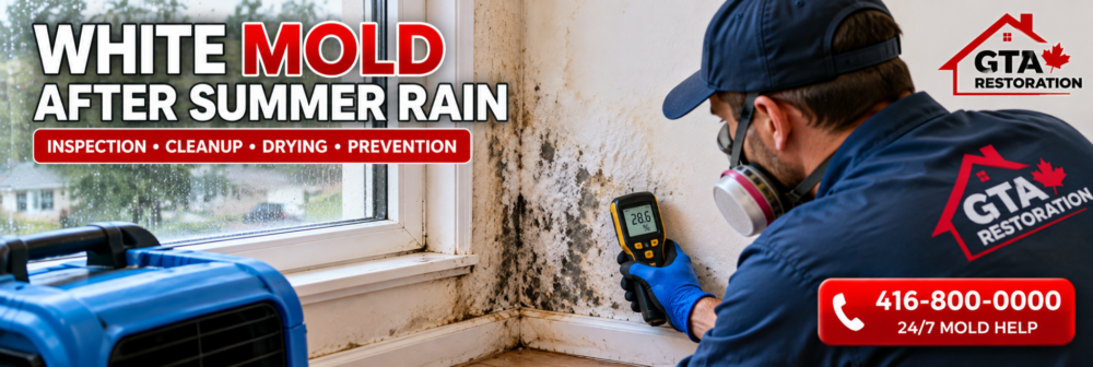 White mold contamination from summer rain on damp drywall