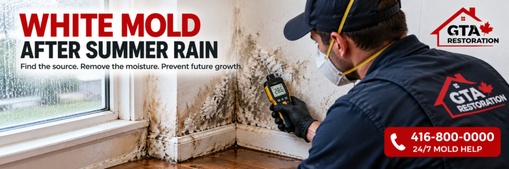 White mold contamination after summer rain with professional moisture testing and cleanup
