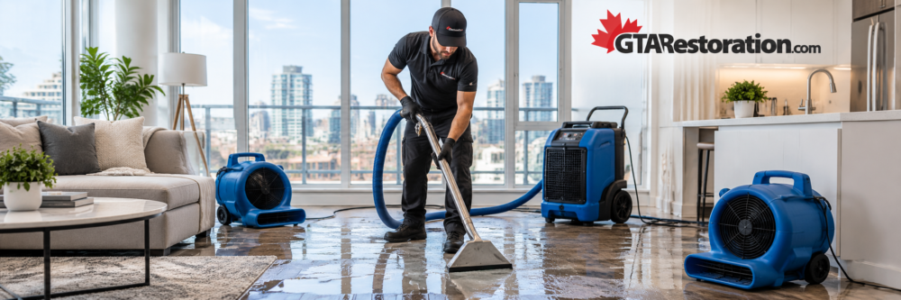Condo flood recovery with GTA Restoration technician extracting water and drying the unit